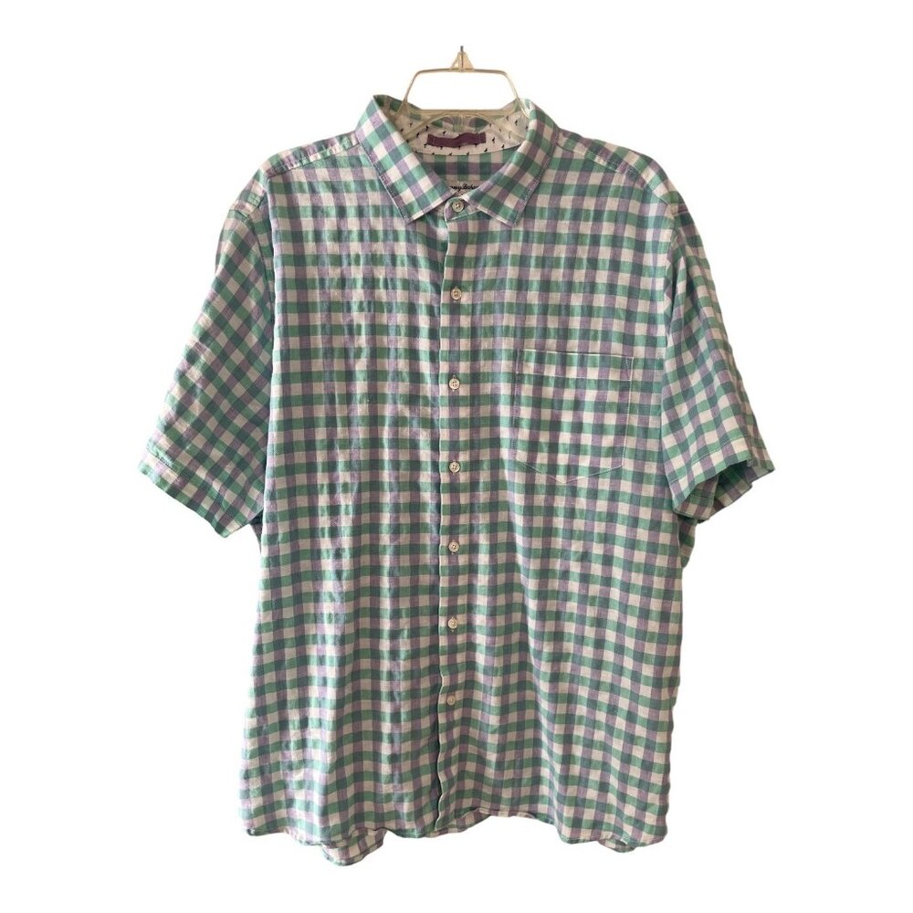 Tommy Bahama Linen Blend Short Sleeve Button Shirt XL Green Purple Check